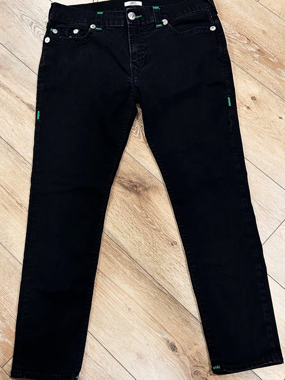 True Religion Black Slim Straight Jeans with Green Stitch Accents Size 38